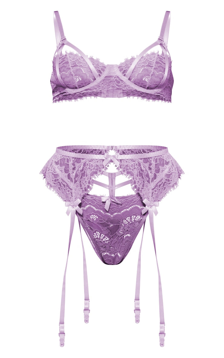 Lilac Cut Out Lace Scalloped Edge Detail 3 Piece Lingerie Set