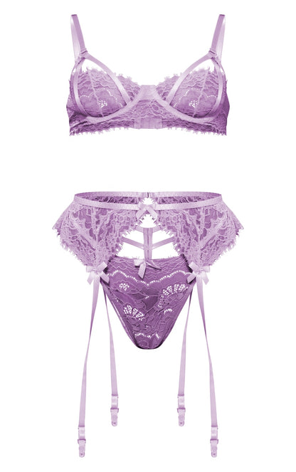 Lilac Cut Out Lace Scalloped Edge Detail 3 Piece Lingerie Set