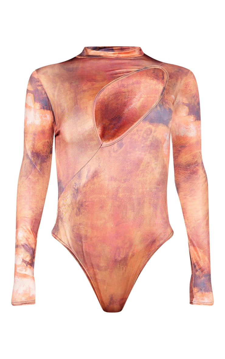 Brown Slinky Printed Cut Out Bodysuit