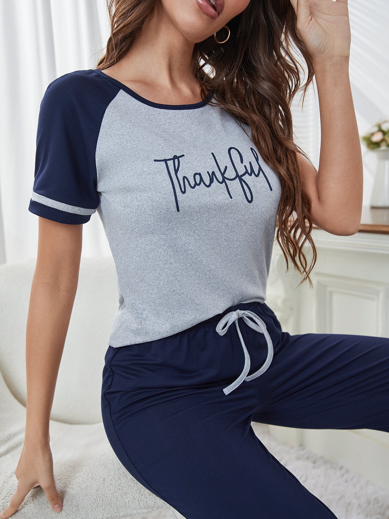 Eyelash & Letter Graphic Tee & Striped Pants PJ Set