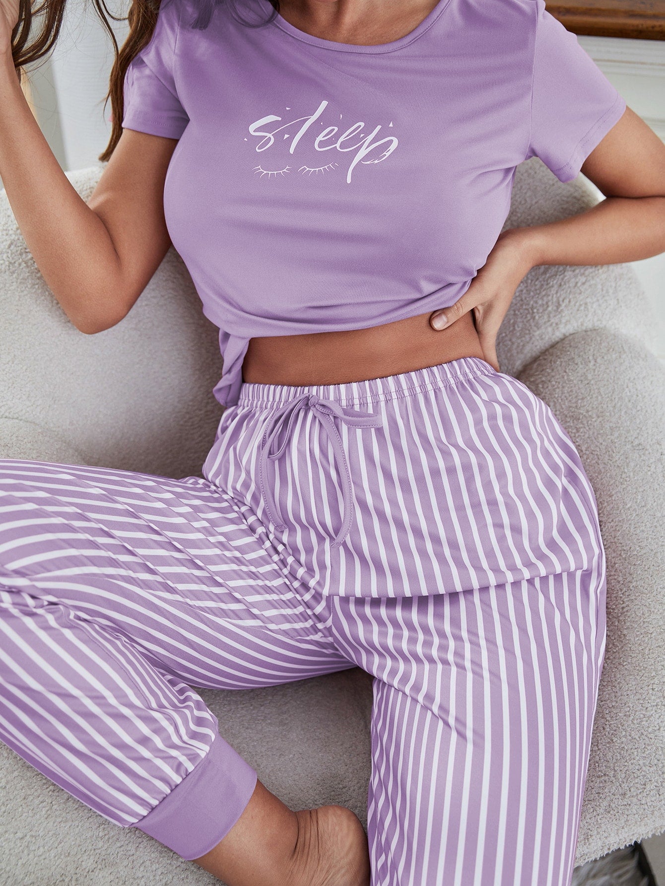 Eyelash & Letter Graphic Tee & Striped Pants PJ Set