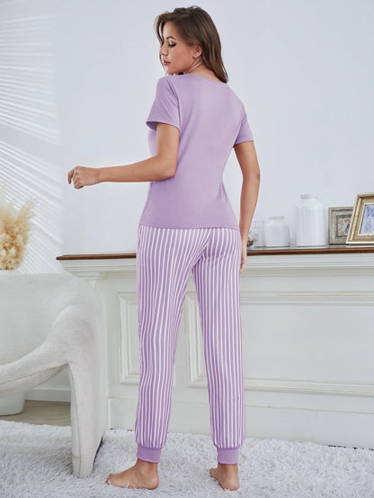 Eyelash & Letter Graphic Tee & Striped Pants PJ Set