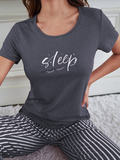 Eyelash & Letter Graphic Tee & Striped Pants PJ Set