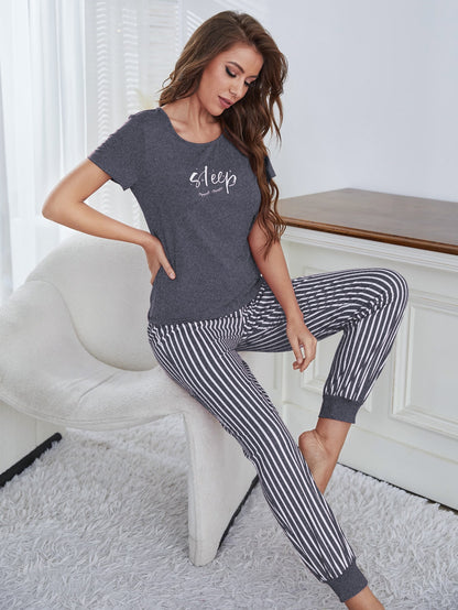 Eyelash & Letter Graphic Tee & Striped Pants PJ Set