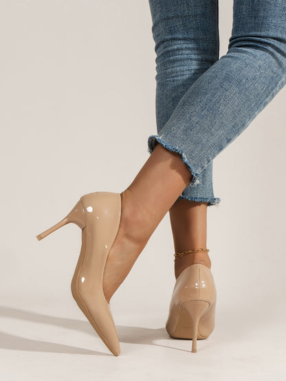 Women Beige Stiletto Heeled Pumps, Elegant Point Toe Court Pumps