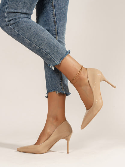 Women Beige Stiletto Heeled Pumps, Elegant Point Toe Court Pumps