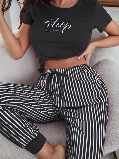 Eyelash & Letter Graphic Tee & Striped Pants PJ Set