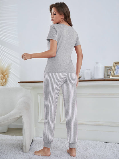 Eyelash & Letter Graphic Tee & Striped Pants PJ Set