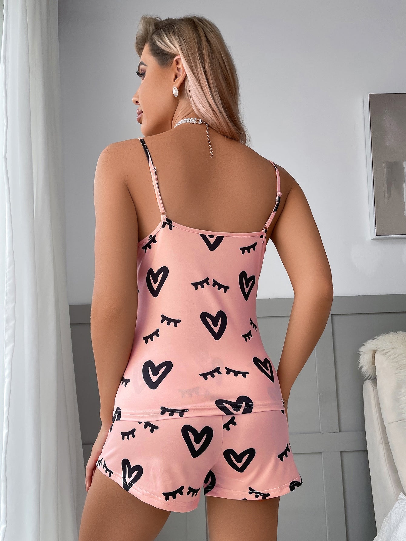 Heart & Eyelash Print Bow Front PJ Set