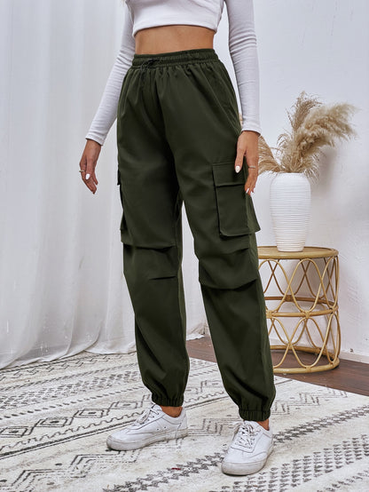 Flap Pocket Drawstring Waist Cargo Trousers