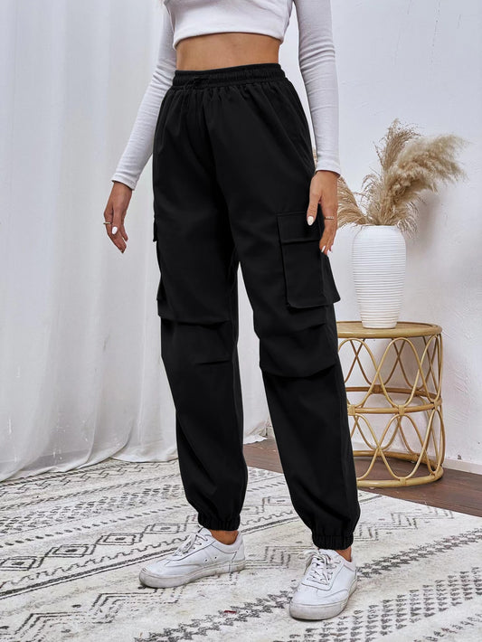 Flap Pocket Drawstring Waist Cargo Trousers