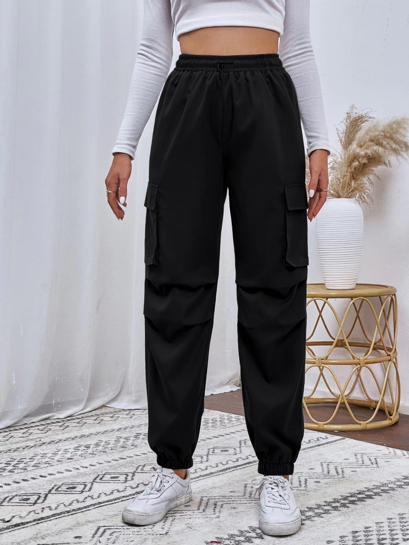 Flap Pocket Drawstring Waist Cargo Trousers