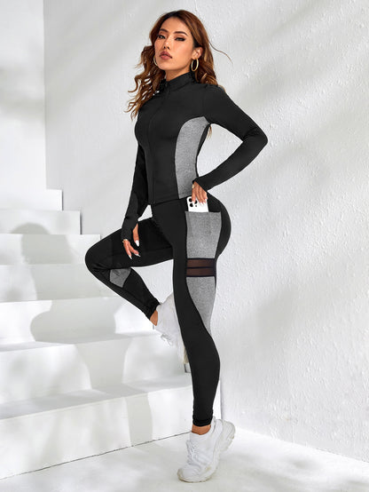 Yoga Futuristic 2pcs Colourblock Athletic Suit Running Set Zip Up Sports Jacket & Mesh Insert Leggings