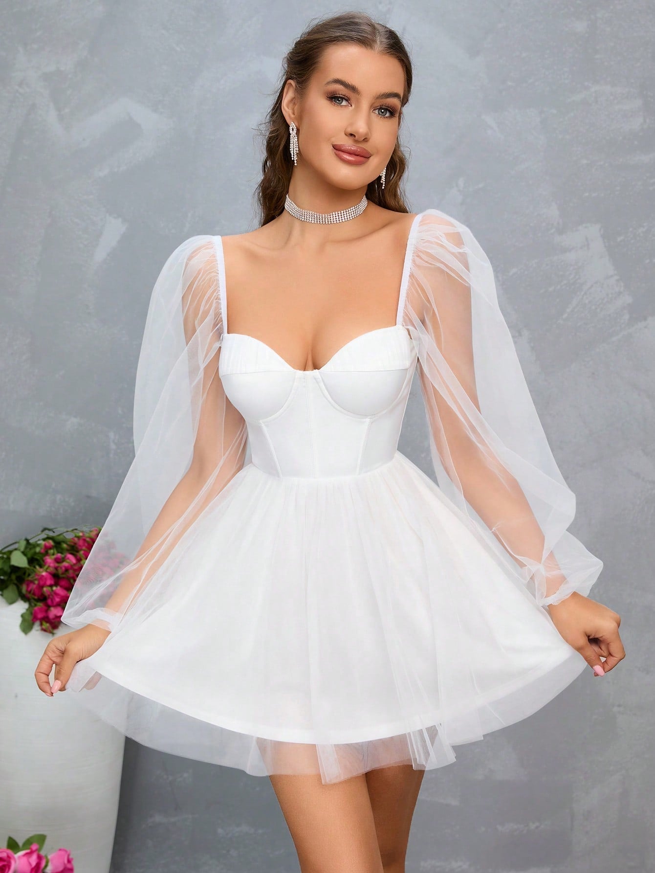 PARTHEA Sweetheart Neck Lantern Sleeve Mesh Overlay Boning Bustier Dress