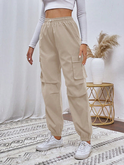 Flap Pocket Drawstring Waist Cargo Trousers