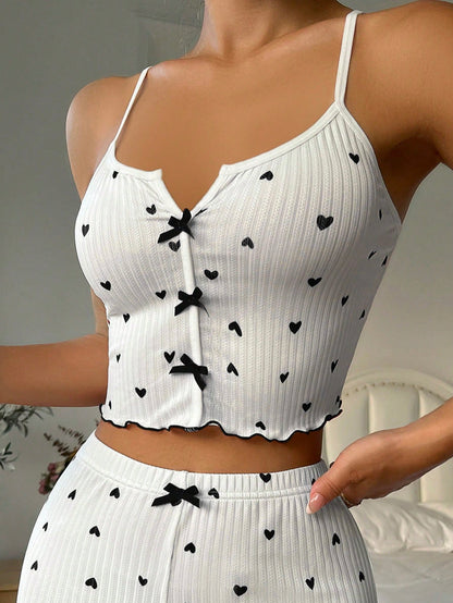 Heart Print Lettuce Trim Bow Front Cami Sleep Top