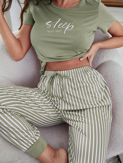 Eyelash & Letter Graphic Tee & Striped Pants PJ Set