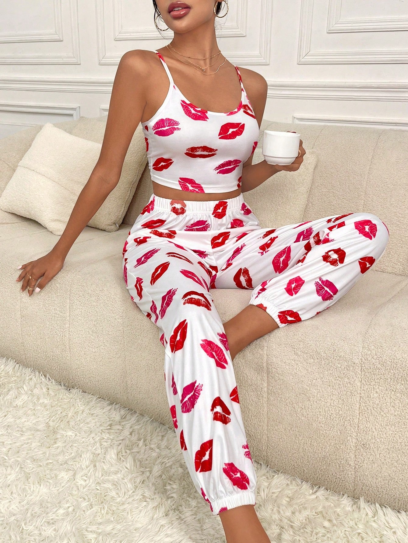 Lip Print Cami Top & Pants PJ Set