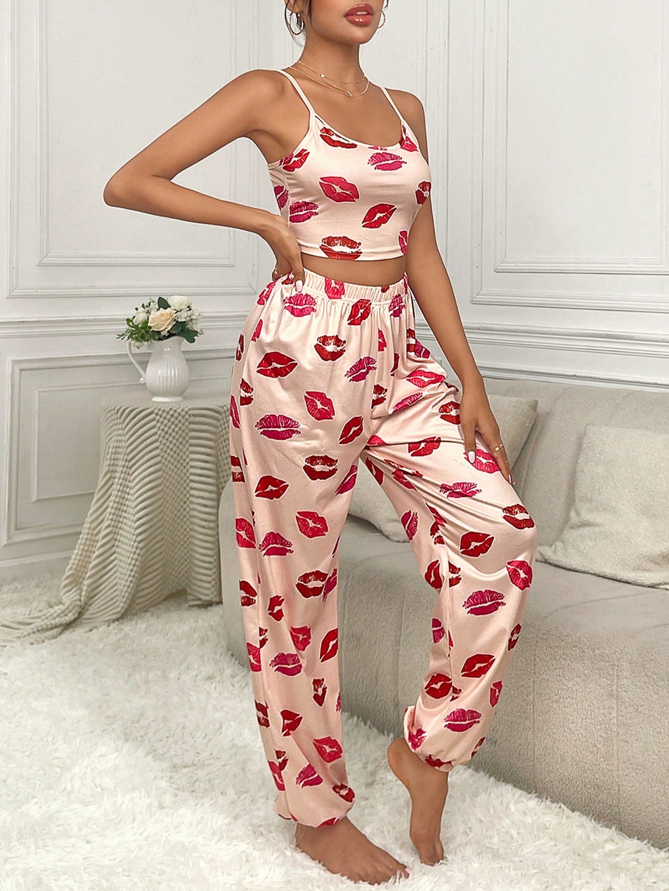 Lip Print Cami Top & Pants PJ Set