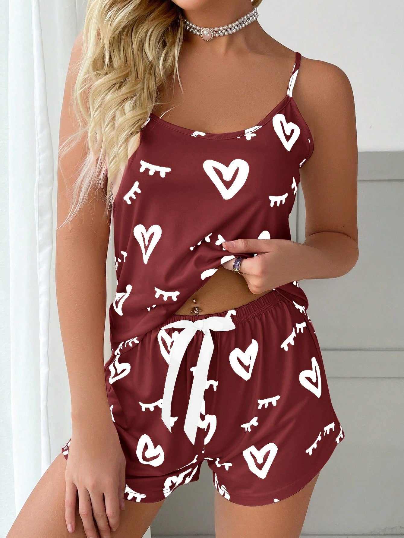 Heart & Eyelash Print Bow Front PJ Set