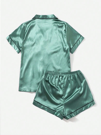 Contrast Binding Satin PJ Set