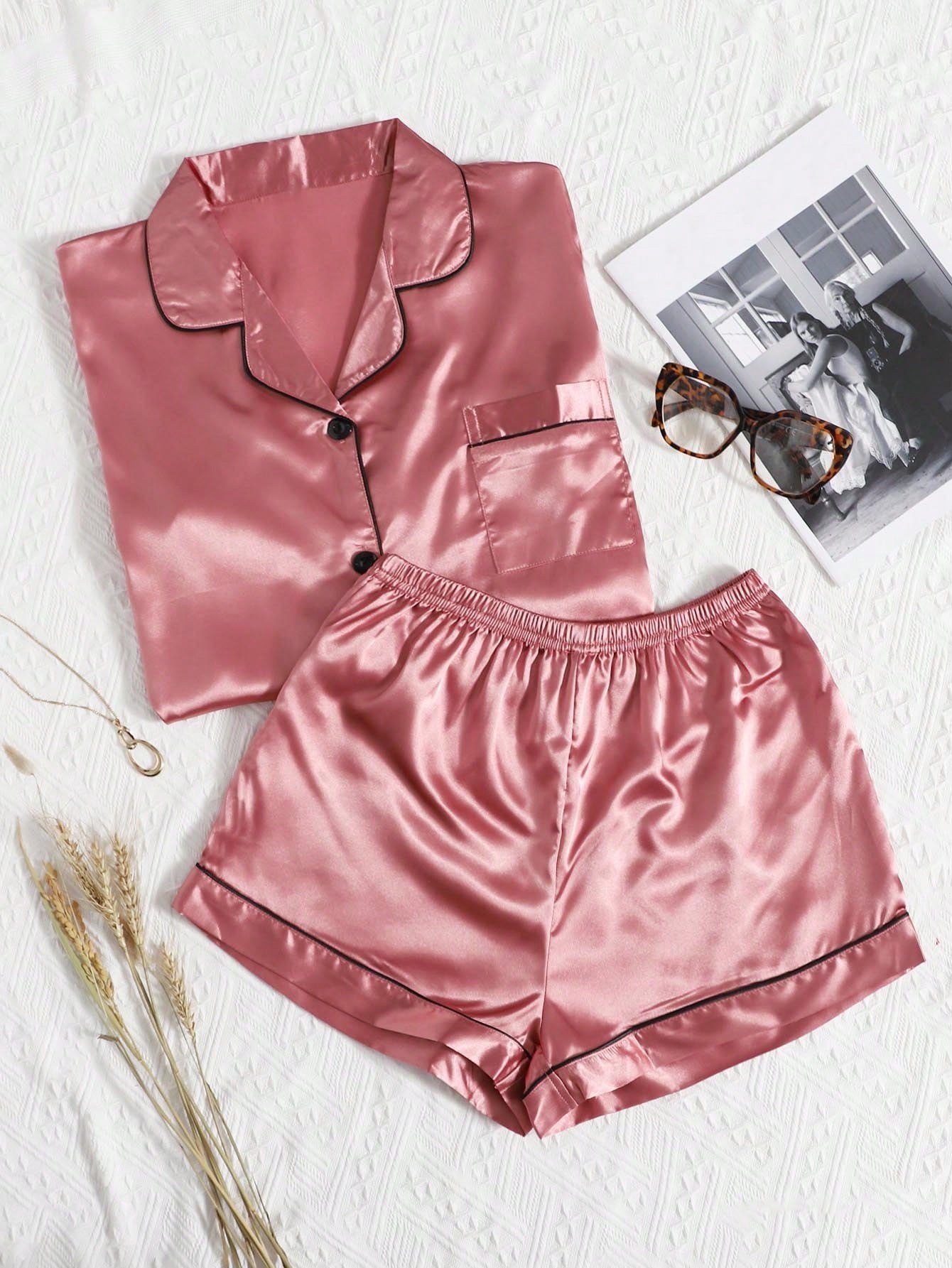 Contrast Binding Satin PJ Set