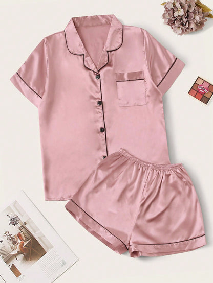 Contrast Binding Satin PJ Set