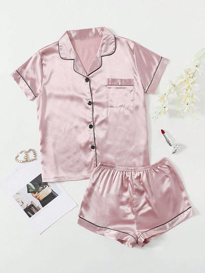 Contrast Binding Satin PJ Set