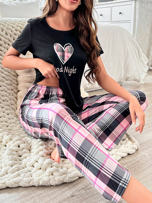 Heart & Letter Print T-shirt Checked Pants Pajama Set