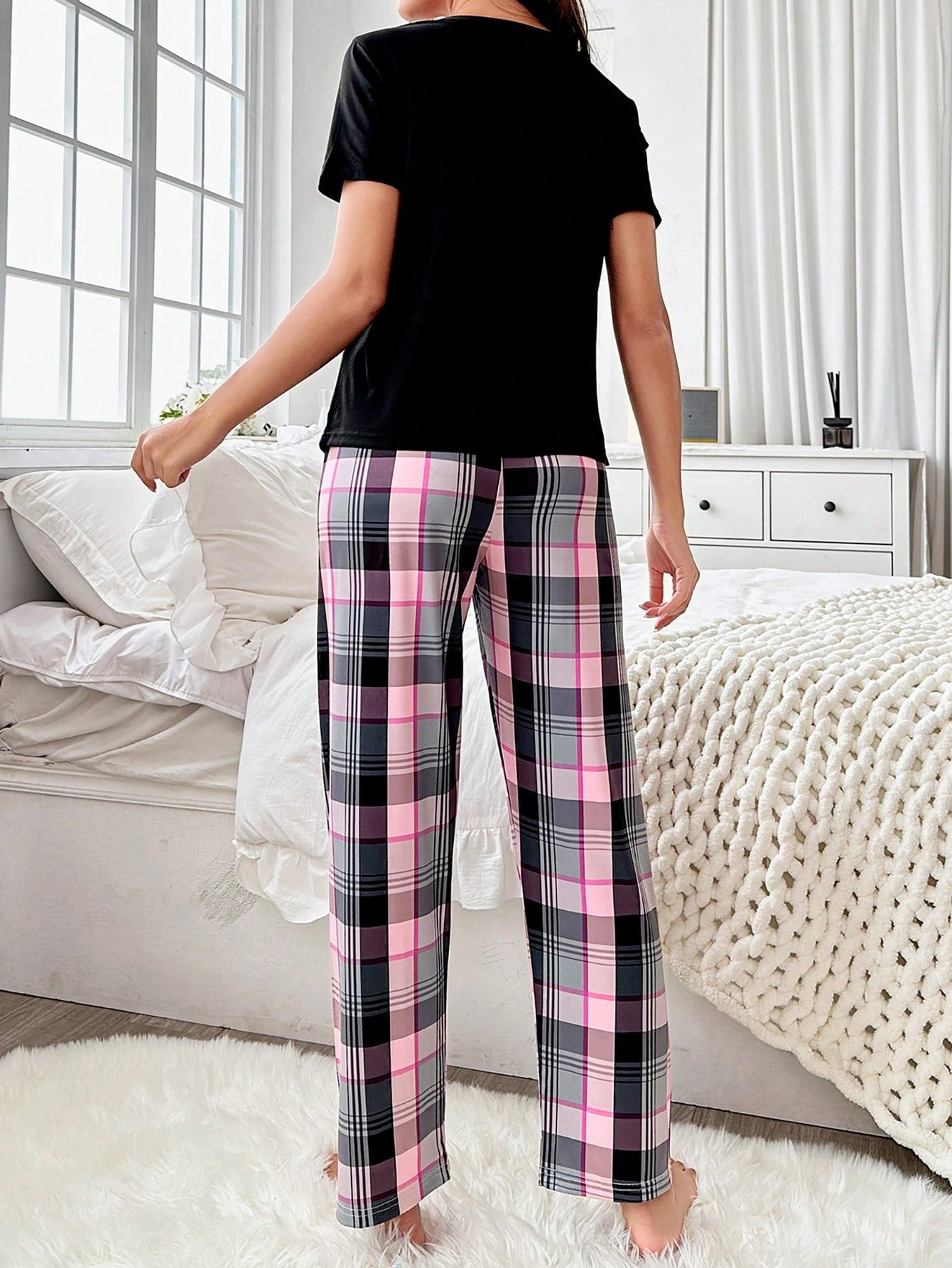 Heart & Letter Print T-shirt Checked Pants Pajama Set