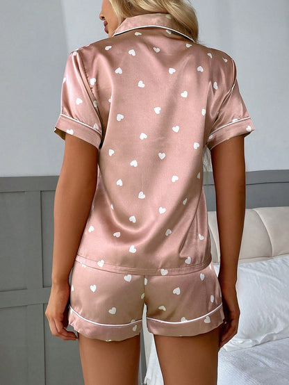 Imitated Silk Love Heart Print Short Sleeve Top And Shorts Pajamas Set