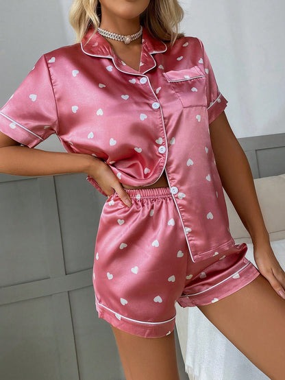 Imitated Silk Love Heart Print Short Sleeve Top And Shorts Pajamas Set