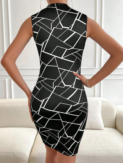 Privé Contrast Mesh Mock Neck Bodycon Dress