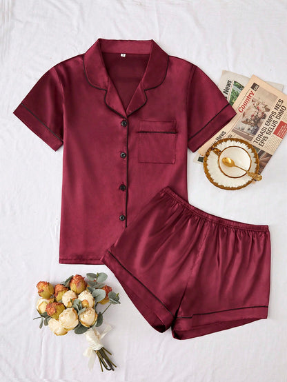 Contrast Binding Satin PJ Set