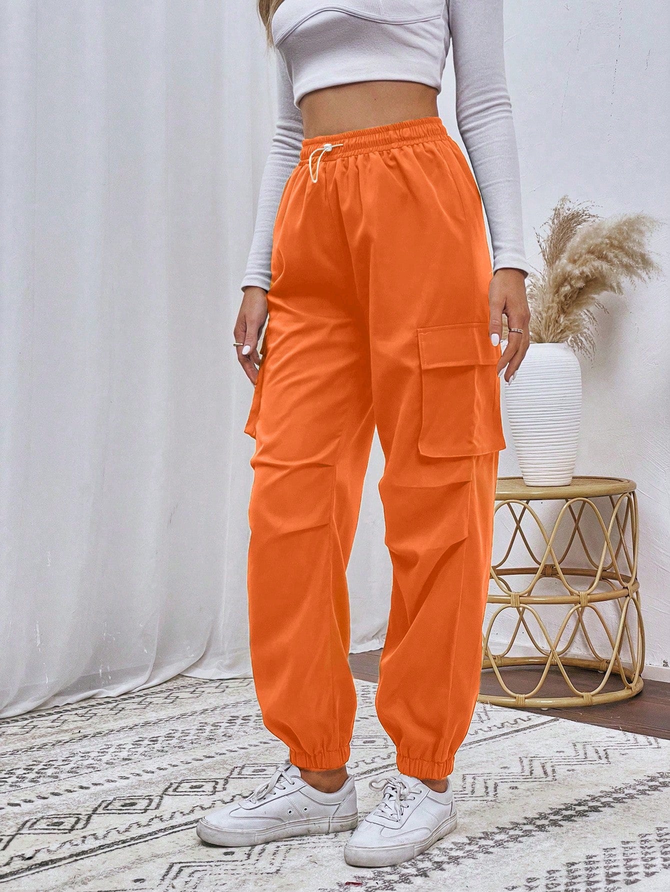 Flap Pocket Drawstring Waist Cargo Trousers