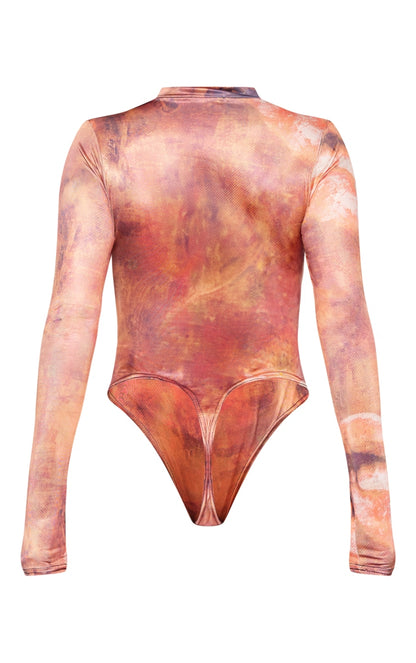 Brown Slinky Printed Cut Out Bodysuit