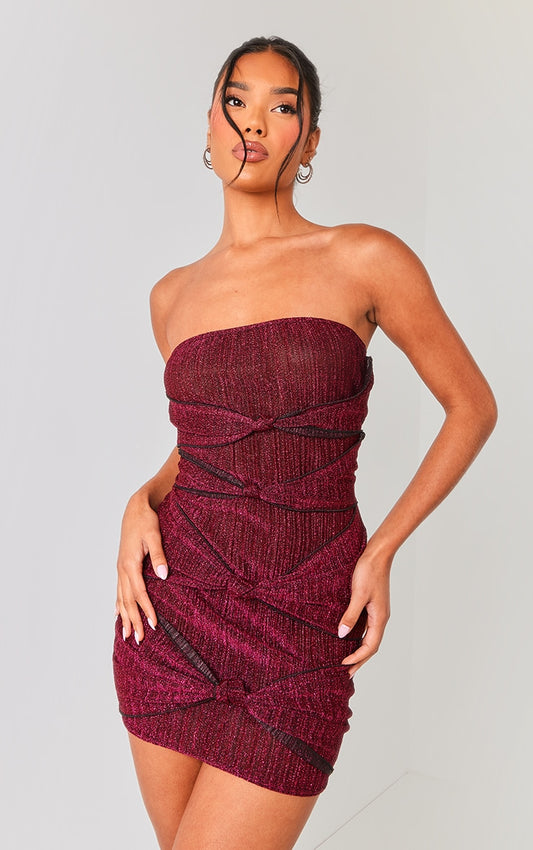 Hot Pink Glitter Plisse Knot Detail Bandeau Bodycon Dress