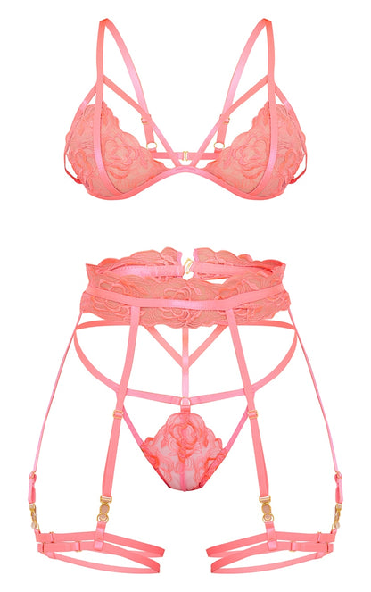 Hot Pink Floral Embroidered Lace Harness Detail 3 Piece Lingerie Set