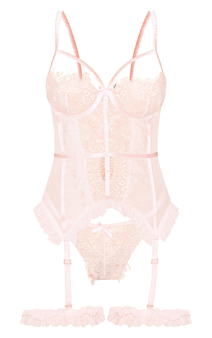 Baby Pink Eyelash Lace Frill Detail Longline Corset Lingerie Set