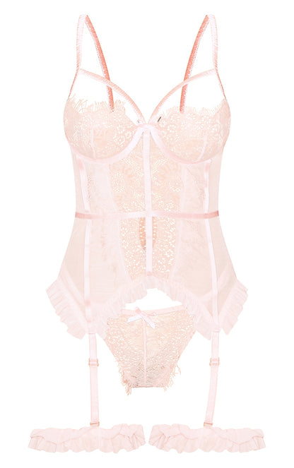 Baby Pink Eyelash Lace Frill Detail Longline Corset Lingerie Set