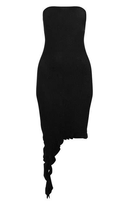 Black Glitter Knit Ruffle Detail Bandeau Dress