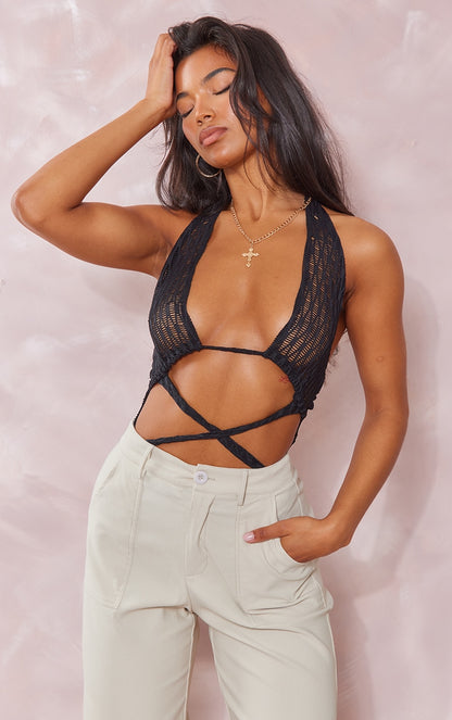 Black Textured Strappy Halter Neck Bodysuit