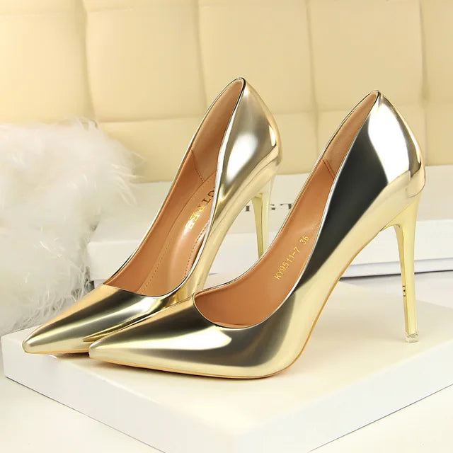 Women Patent Leather Pumps 7.5cm 10.5cm High Heels Lady Stiletto Low Heels Wedding Bridal Mteallic Silver Gold Sparkly Shoes