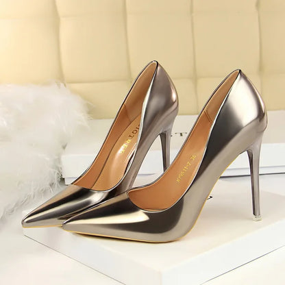 Women Patent Leather Pumps 7.5cm 10.5cm High Heels Lady Stiletto Low Heels Wedding Bridal Mteallic Silver Gold Sparkly Shoes