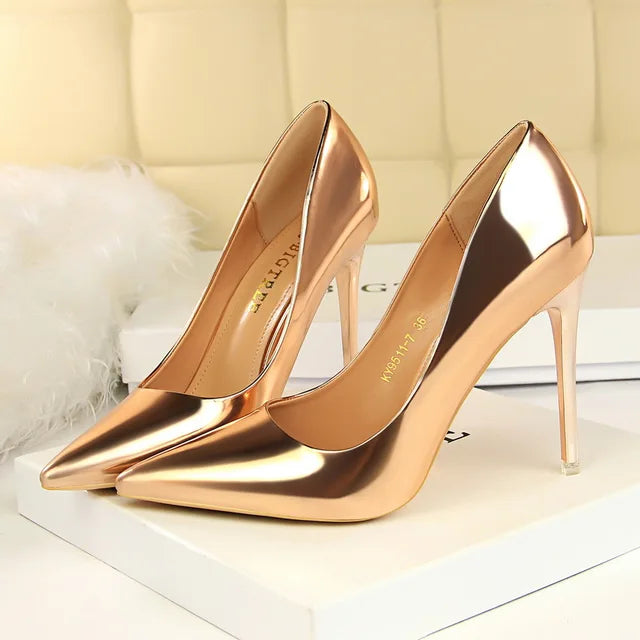 Women Patent Leather Pumps 7.5cm 10.5cm High Heels Lady Stiletto Low Heels Wedding Bridal Mteallic Silver Gold Sparkly Shoes