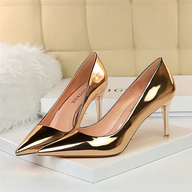 Women Patent Leather Pumps 7.5cm 10.5cm High Heels Lady Stiletto Low Heels Wedding Bridal Mteallic Silver Gold Sparkly Shoes