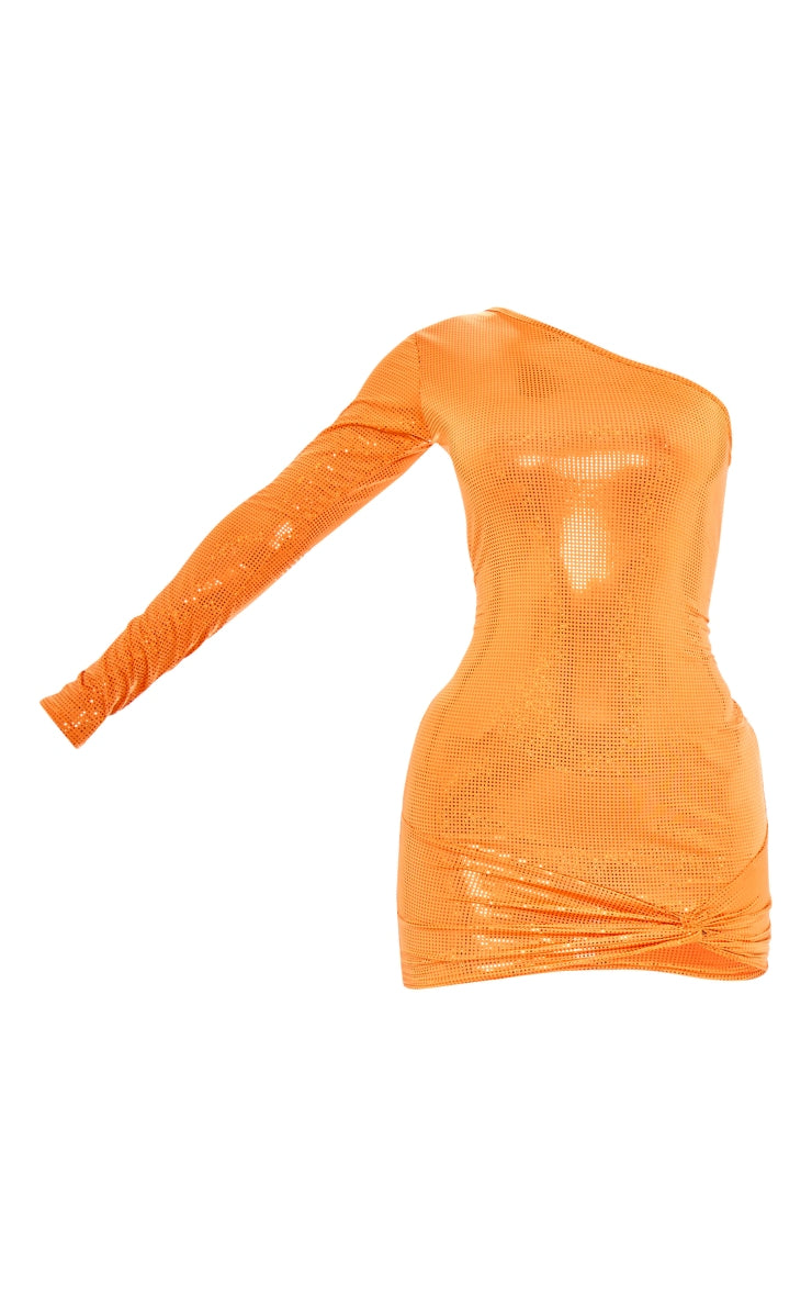 Bright Orange Glitter Slinky One Sleeve Knot Detail Bodycon Dress