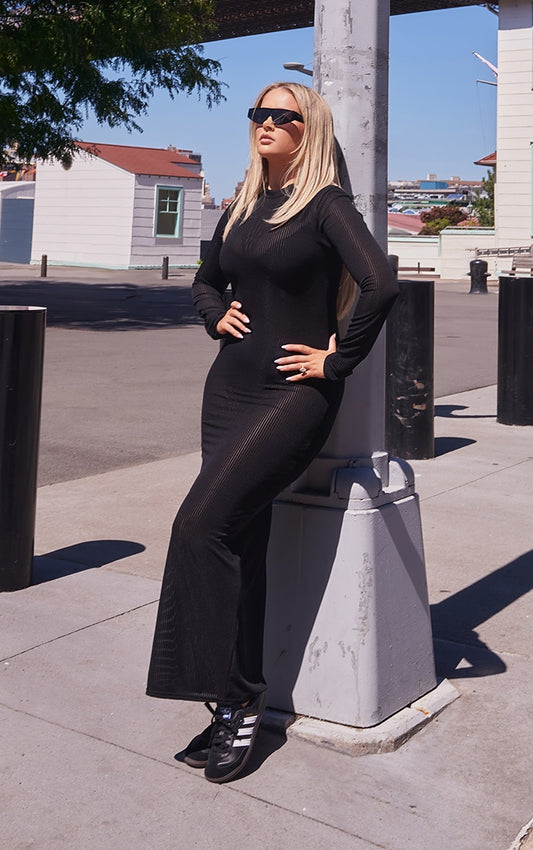 Black Sheer Rib Long Sleeve Midaxi Dress