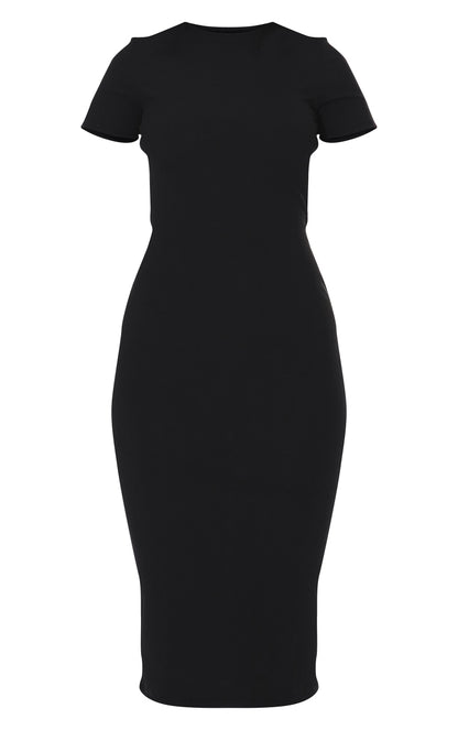 Chic and Comfortable: Black Ribbed Short Sleeve Midi Dress