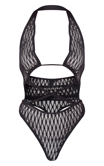 Black Textured Strappy Halter Neck Bodysuit